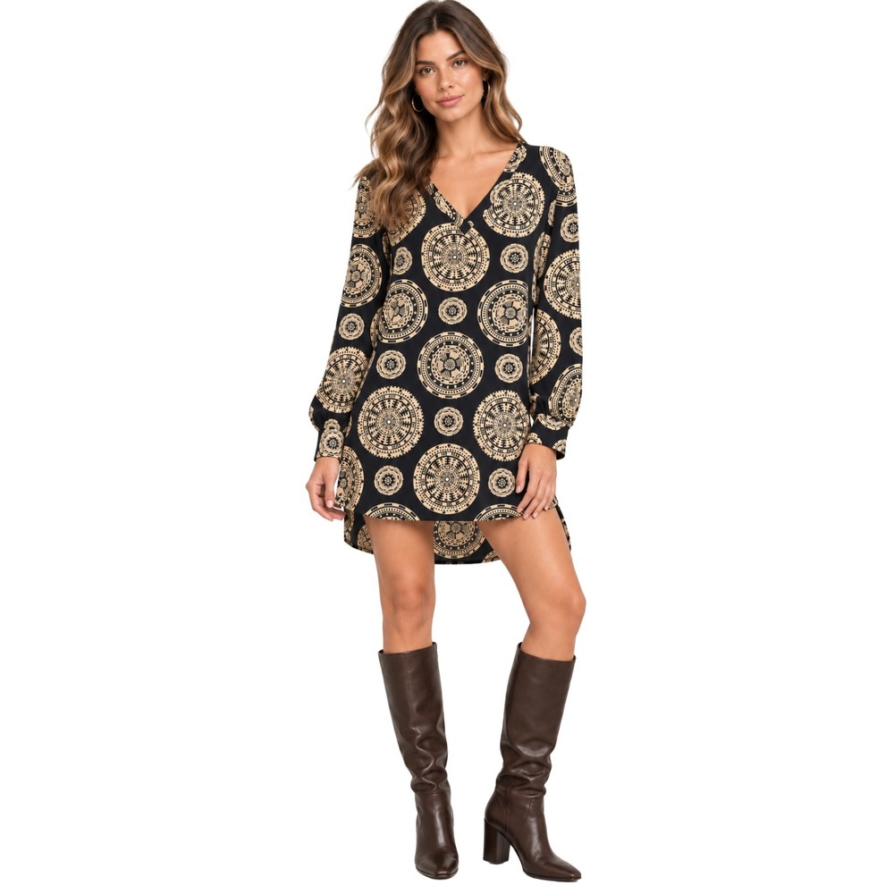 Amanda Uprichard Dress Womens Medium Black Tan 100% Silk Medallion V-Neck Shift